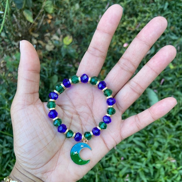 🌙Blue Plated Enamel Moon Celestial Charm Glass Bead Stackable Bracelet - Picture 2 of 5